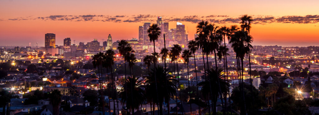 Beautiful night of Los Angeles downtown skyline and palm trees in foreground of law firm for filing a personal injury claim