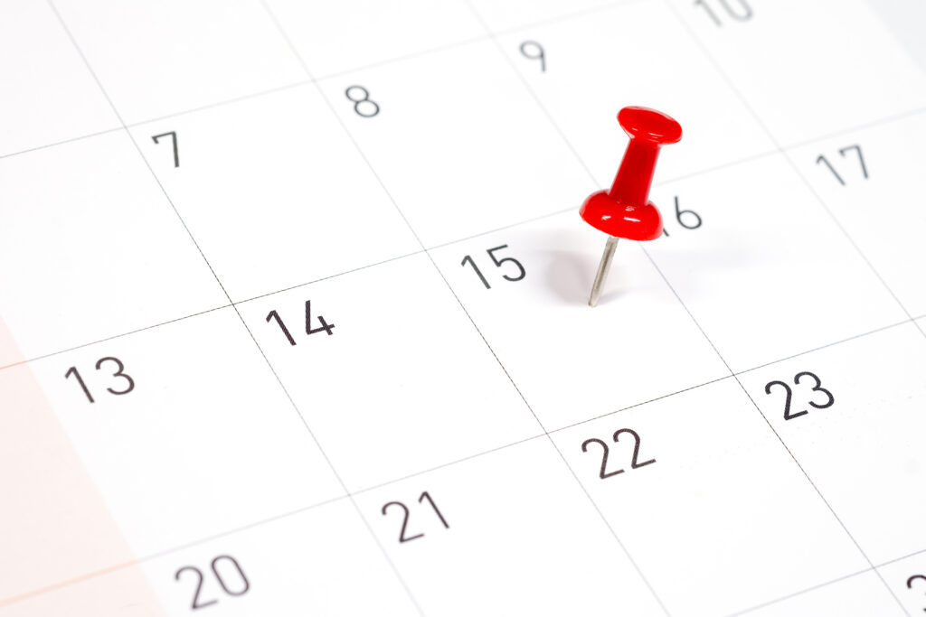 red pin on a calendar on the 15th with selective focus to indicate Statute of Limitations for Filing a Personal Injury Claim