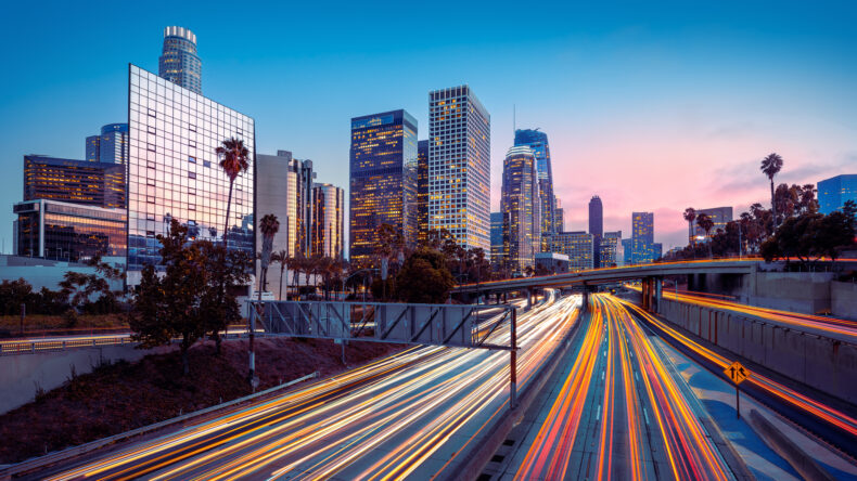 Los Angeles freeway of vehicles in a blur from speeding