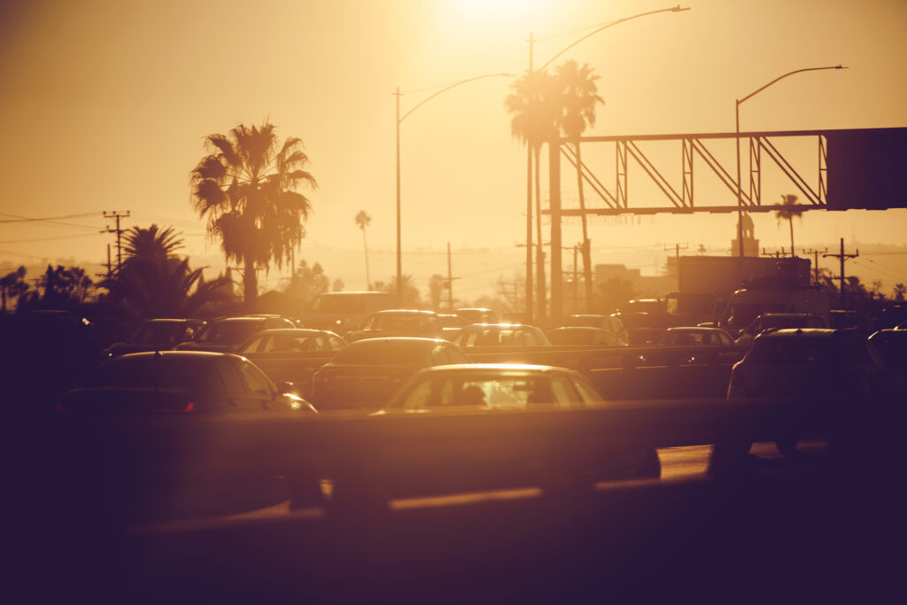 Los Angeles California Rush Hours Traffic During Scenic Sunset. Highway 10, United States of America.