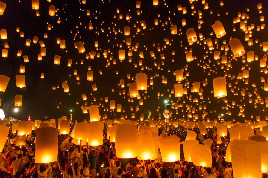 Sky lanterns with fireworks, flying lanterns, floating lanterns, hot-air balloons